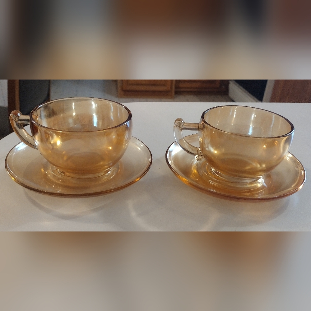 Vintage Jeanette Marigold Carnival Glass Tea Cup And Saucer Set of 2